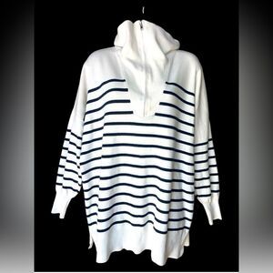 Pink Lily Large Long Sleeve Ivory/Navy Striped Quarter Zip Pullover Super Soft